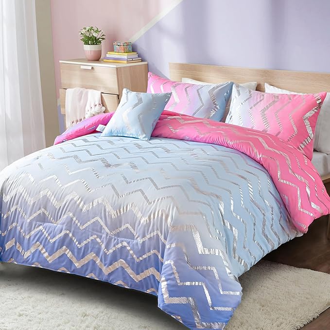 Girls Comforter Set Queen Size Ombre Pink Purple Bedding Colorful Rainbow Comforter for Kids Teen Women,4 Pieces (1 Comforter,2 Pillowcase,1 Decorative Pillow Sham)
