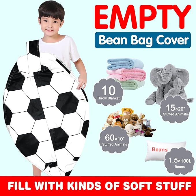 Lukeight Stuffed Animal Storage Bean Bag Chair Cover for Kids, Soccer Zipper Beanbag Chair Cover for Organizing Toddler & Kids' Rooms Plush Toys (Soccer Velvet, Large)