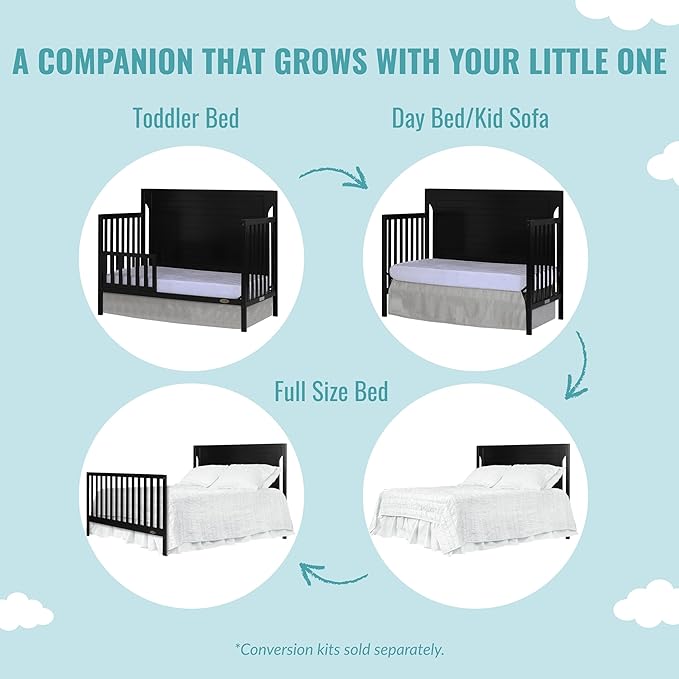 Cape Cod 5-In-1 Convertible Crib In Black, Greenguard Gold And JPMA Certified, Built Of Sustainable New Zealand Pinewood, 3 Mattress Height Positions