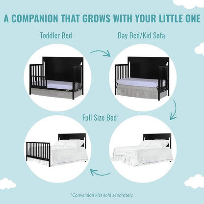 Cape Cod 5-In-1 Convertible Crib In Black, Greenguard Gold And JPMA Certified, Built Of Sustainable New Zealand Pinewood, 3 Mattress Height Positions