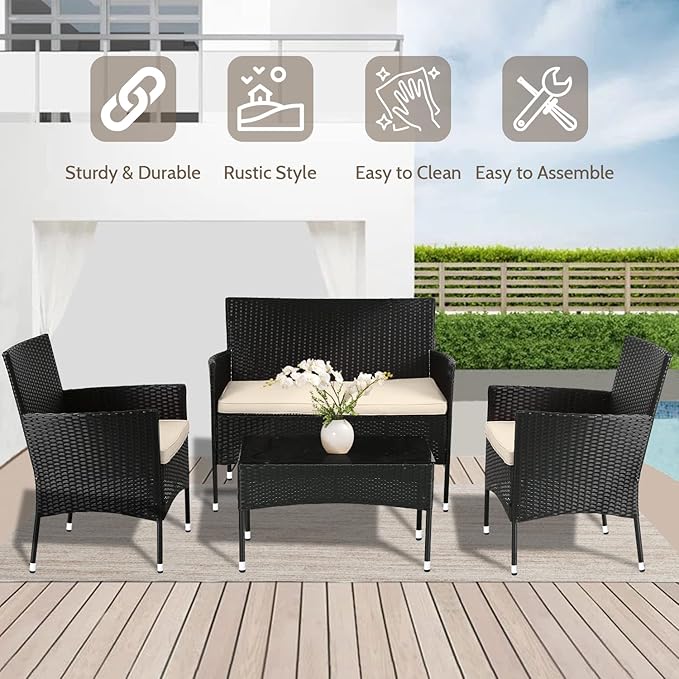 FDW Patio Furniture Set 4 Pieces Outdoor Rattan Chair Wicker Sofa Garden Conversation Bistro Sets for Yard,Pool or Backyard