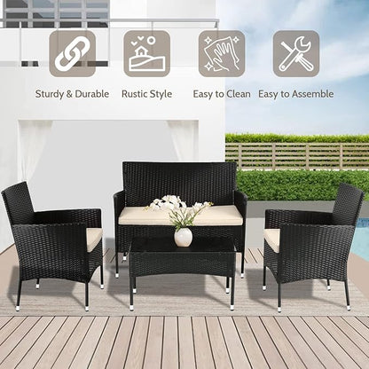 FDW Patio Furniture Set 4 Pieces Outdoor Rattan Chair Wicker Sofa Garden Conversation Bistro Sets for Yard,Pool or Backyard