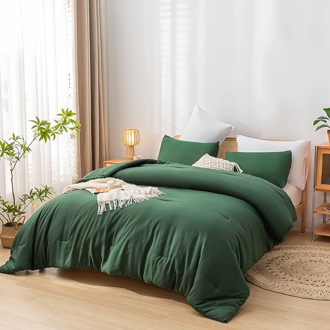 Emerald Full Size Comforter 3PCS Microfiber Full Size Comforters Set for All Season Boho Dark Green Comforter for Women and Men Soft Lightweight Bed Comforter Set