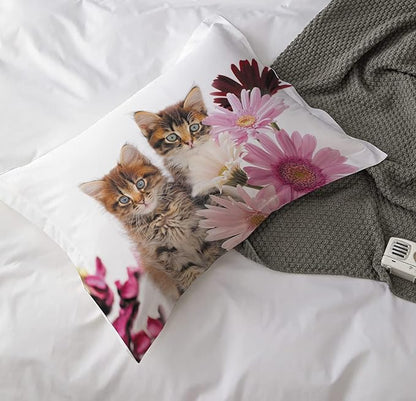 Cat Comforter Set Queen Size for Kids Pink Flowers Cats 3Pcs Bedding Set for boys and Girls (1Summer Comforter+ 2 Pillowcases) Lovely Animal Pets Duvet Set