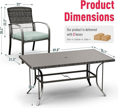 Pamapic Patio Dining Set, 7 Piece, Outdoor Wicker Furniture Set for Backyard Garden Deck Poolside/Iron Slats Table Top, Removable Cushion, Green