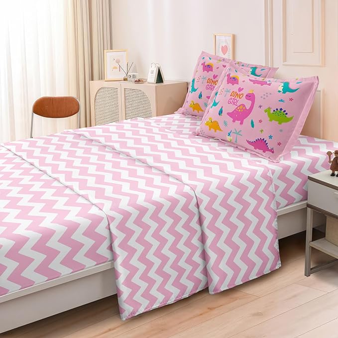Girls Dinosaur Bedding Full Green Pink Dinosaur Comforter Set, Cute Cartoon Down Comforter for Little Girls Teens Kids Adults Room Decor, Reversible Bed-in-a-Bag 5-Piece Bed Sets