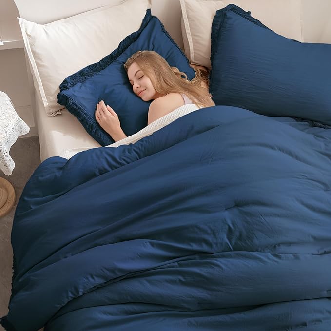 Andency Navy Blue Comforter Set Twin Size, 2 Pieces Boho Tassel Lightweight Bedding Comforter Sets, All Season Soft Fluffy Fringe Bed Set (66x90In Comforter & 1 Pillowcase)