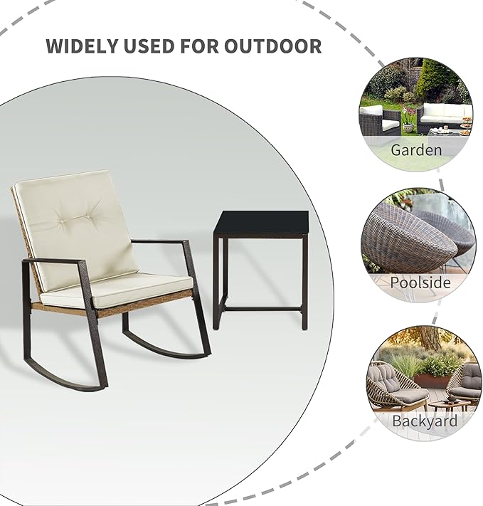 3 Pieces Rocking Bistro Set Outdoor Wicker Patio Furniture Conversation Coffee Table,Washable Cushion for Porch,balcony,Garden,Backyard,Poolside(Beige)