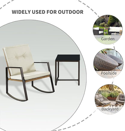 3 Pieces Rocking Bistro Set Outdoor Wicker Patio Furniture Conversation Coffee Table,Washable Cushion for Porch,balcony,Garden,Backyard,Poolside(Beige)
