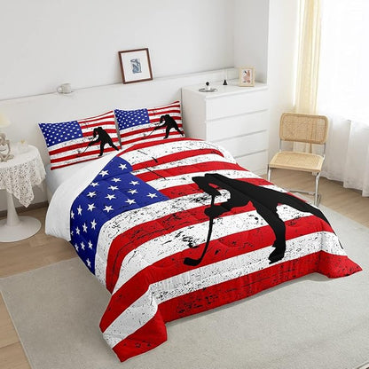 Erosebridal American Flag Comforter Set Full, Hockey Bedding Set United States Sports Games Down Comforter for Kids Boys Teens Bedroom, Red White Geometric Stripes Duvet Sets with 2 Pillowcases