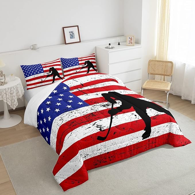 Erosebridal American Flag Comforter Set Queen, Hockey Bedding Set United States Sports Games Down Comforter for Kids Boys Teens Bedroom, Red White Geometric Stripes Duvet Sets with 2 Pillowcases