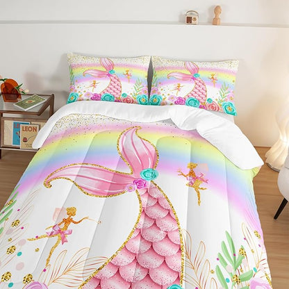 HOSIMA Mermaid Comforter with 2 Pillowcases,Girly Rainbow Bedding Set Glitter Pink Mermaid Tail Comforter Set,Flower Fairies Rose Gold Comforter Set,Floral King Size Comforter Set.
