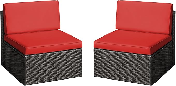 Greesum 2 Piece Patio Conversation Set Wicker Rattan Furniture Outdoor Sofa with Cushions,Pillows and Glass Table for Porch,Lawn and Yard, Red