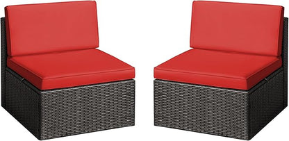 Greesum 2 Piece Patio Conversation Set Wicker Rattan Furniture Outdoor Sofa with Cushions,Pillows and Glass Table for Porch,Lawn and Yard, Red