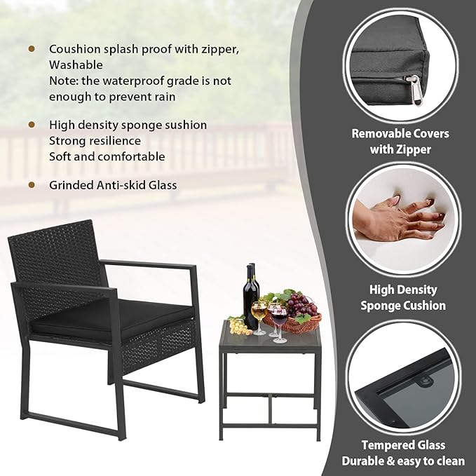 FDW Wicker Patio Chairs Rattan Bistro Set Outdoor Furniture for Backyard Porch Poolside Lawn, Cushion, Black and Black