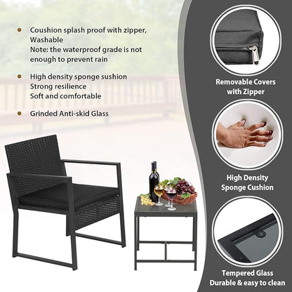 FDW Wicker Patio Chairs Rattan Bistro Set Outdoor Furniture for Backyard Porch Poolside Lawn, Cushion, Black and Black