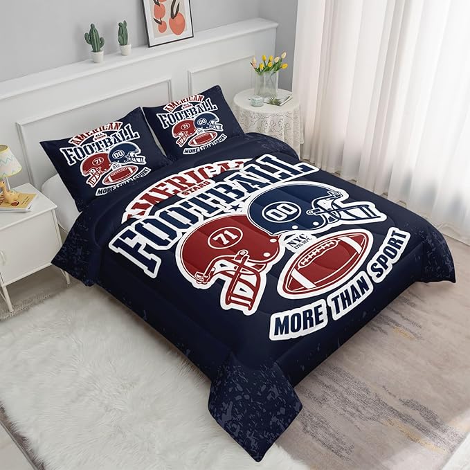 Datura home American Football Comforter Set Vintage Navy American Football Printed Quilt Bedding Set with 1 Comforter and 2 Pillowcases for Boys and Girls Bedroom All Season(Football Navy Queen)