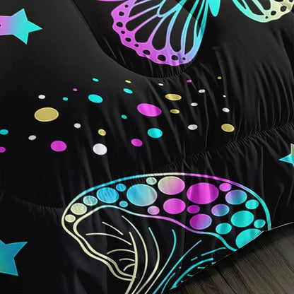 Colorful Mushroom Comforter Set Twin Size Kids Mushroom Butterfly Bedding Set Star Quilt Bed Set for Boys Girls Adults with 1 Comforter and 2 Pillowcases
