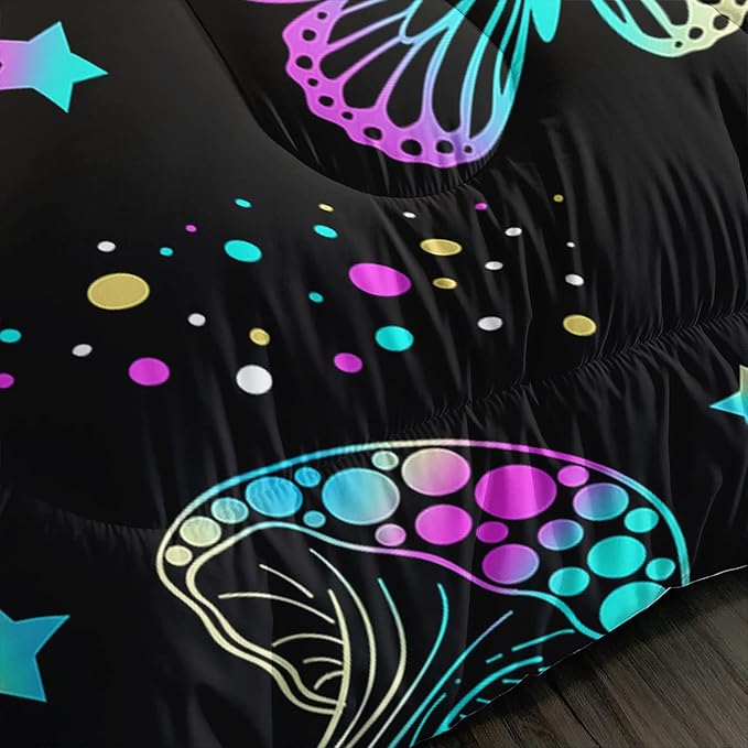 Colorful Mushroom Comforter Set Queen Size Kids Mushroom Butterfly Bedding Set Star Quilt Bed Set for Boys Girls Adults with 1 Comforter and 2 Pillowcases