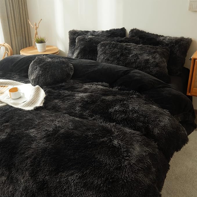 Tie dye Black Plush Fluffy Comforter Cover Set Queen - Ultra Soft Faux Fur tie dye Bedding Sets 3 Pieces (1 Shaggy Duvet Cover + 2 Pillow case) Black Fluffy Bed Set (Tie Dye Black, Queen)