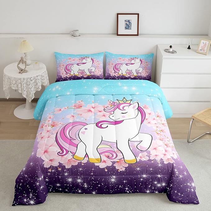 Unicorn Comforter Set Queen, Kids Unicorn Floral Bedding for Girls Boys Children Bedroom Decor, Cherry Blossoms Glitter Down Comforter Galaxy Kawaii Quilt Set with 2 Pillowcases, Blue Purple Ombre