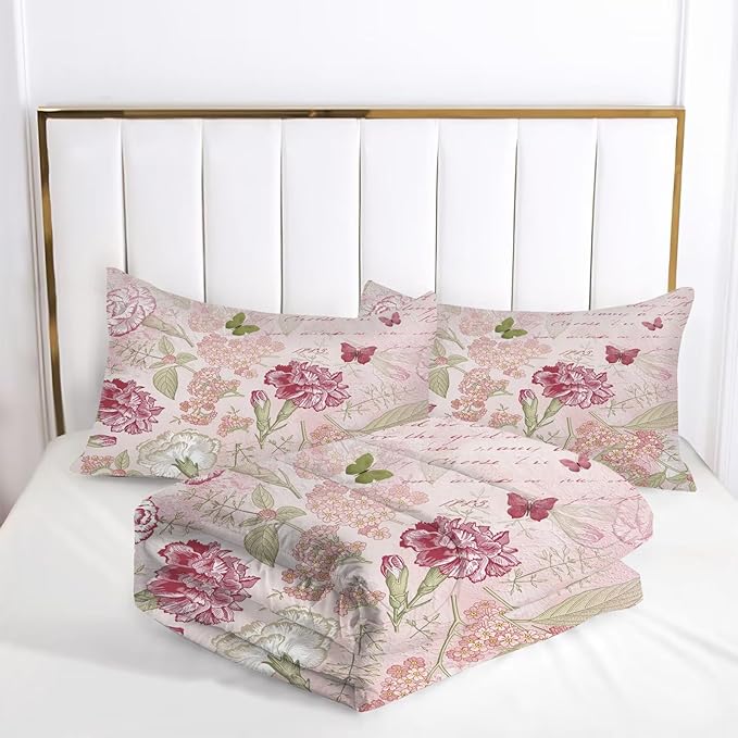 kxry Pink Flower Comforter Sets Butterfly Bedding Sets King Size Comforter Set for Girls Women Kids 1 Comforter + 2 Pillow Case