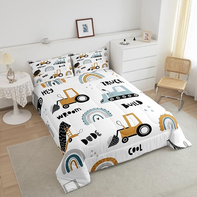 Feelyou Truck Excavator Comforter for Kids Boys Girls Cartoon Cars Bedding Set Tractor Engineering Vehicle Comforter Set Construction Bedroom Decor Quilt Set with 1 Pillowcase 2Pcs Bedding Twin