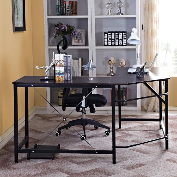 DlandHome L-Shaped Computer Desk 59 inches x 59 inches, Composite Wood and Metal, Home Office PC Laptop Study Workstation Corner Table with CPU Stand, Brown Black and Black Legs, ZJ02-BB