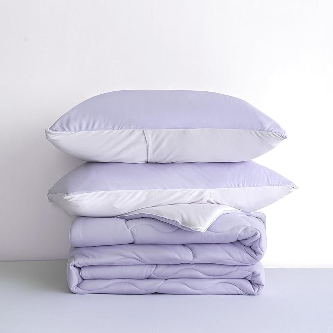 COTTEBED Reversible Ultra-Soft Light Pink and Purple Comforter Set Queen Full Size, Jersey Knit T-Shirt Feel Cute Fluffy Lightweight Bedding Down Blanket Quilt Pillowcase for Man Women Girl All Season