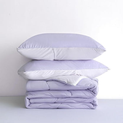 COTTEBED Reversible Ultra-Soft Light Pink and Purple Comforter Set Queen Full Size, Jersey Knit T-Shirt Feel Cute Fluffy Lightweight Bedding Down Blanket Quilt Pillowcase for Man Women Girl All Season
