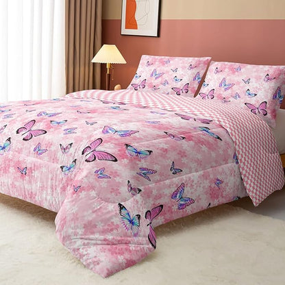 Datura home Kids Comforter Set Girls Pink Flower Butterfly Printed Pattern Quilt Bedding with 1 and 2 Pillowcases for Bedroom All Season(Pink Full) Full 80x90inches