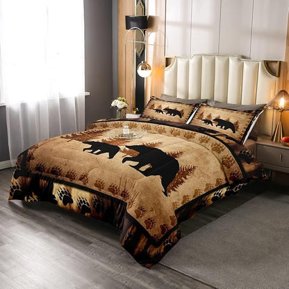 Bear Comforter Set King Size Farmhouse Wild Animal Comforter Retro Bear Family Bedding Set for Kids Boys Girls Brown Bear Paws Duvet Set Rustic Bedroom Decor Quilted Set 3Pcs