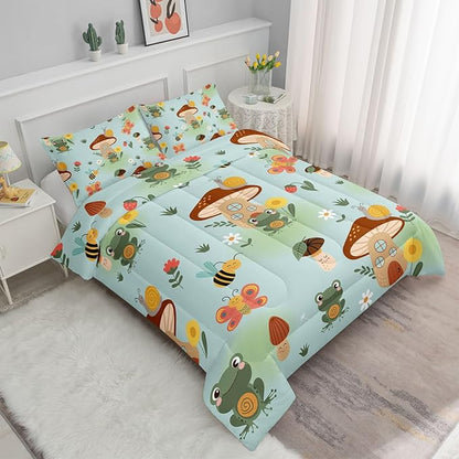 Datura home Cartoon Mushroom House Kids Comforter Bedding Set for Boys Girls, Green Grassland and Cute Frog Bee Print Comforter with 2 Pillowcases(Mushroom House Queen), Mushroom Frog