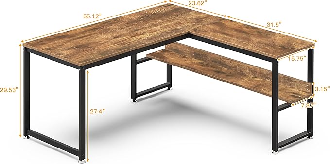 L Shaped Desk, Office Computer Corner Desk, 55 inch Home Gaming Desk Table, Writing Study Workstation with Storage Shelves for Home Office, Space-Saving, Industrial, Rustic Brown