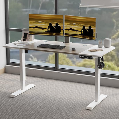 Adjustable Height Electric Standing Desk - 55 x 24 Inch Sit Stand Computer Desk, Stand Up Desk Table for Home Office, White Frame/White + Oak Top
