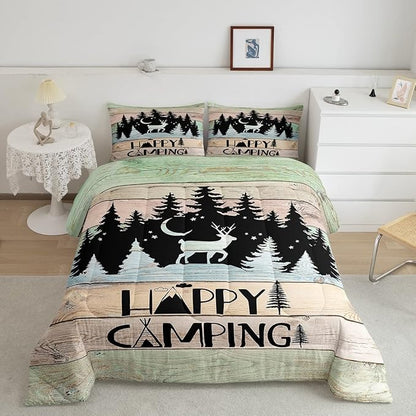 Camper Decor Quilt Bedding For Full Rustic Farmhouse Camping Comforter Set Woodland Animal Deer Rv accessories Bedding Sets Gifts For Teen Boys Girls Black Green Wooden Board Bunks Decor 2 Pillowcases