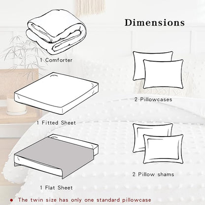 7 Pieces Tufted Dots Bed in a Bag King Comforter Set with Sheets White , Soft and Embroidery Shabby Chic Boho Comforters, Solid Color with Pom Pom Design, Jacquard Tufts Bedding Set for All Season