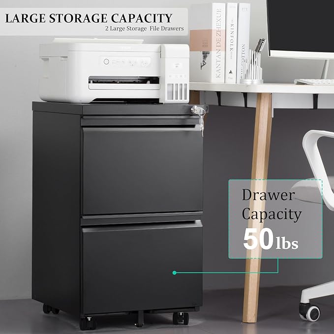 2-Drawer Mobile File Cabinets Rolling Metal Filing Cabinet for Legal & Letter File Anti-tilt Design with Lock Under Desk Office Drawers Fully Assembled Except Casters Black