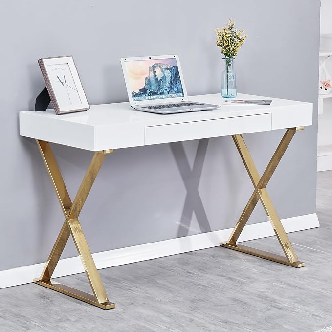 Best Master Furniture Barry Mid-Century High Gloss Home Office Desk with Gold Trim Frame
