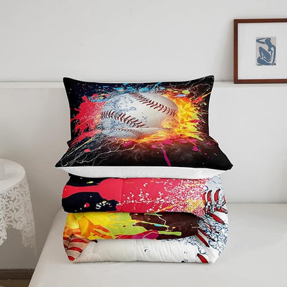 Baseball Twin Comforter Set For Boys,Tie Dye Baseball Sports Bedding Set Red Blue Fire Water Lightning Duvet Insert For All Season,Sports Baseball Quilt Soft Lightweight Bedroom Decor 1 Pillow Case