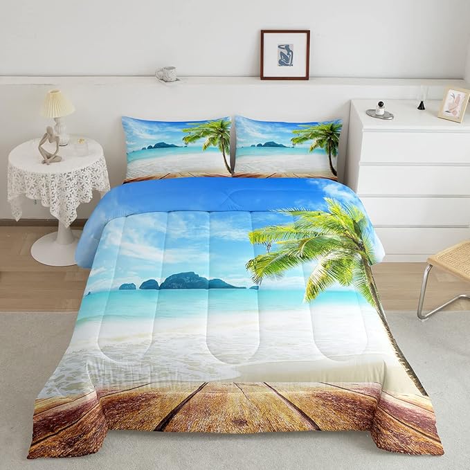 Beach Comforter Set Full Size Ocean Bedding Set Tropical Palm Tree Hawaii Ocean Duvet Set Sunny Beach Coastal Nature Theme Duvet Set Sea Wave Mountain Brown Wooden Comforter Set 2 Pillowcases, Blue
