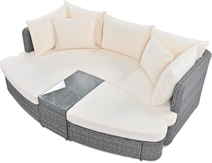 6-Piece Patio Round Sofa Set Rattan Daybed with Coffee Table and Cushions, Outdoor Furniture Conversation Sectional Seating Group for Garden, Poolside, Backyard, Onesize, Beige