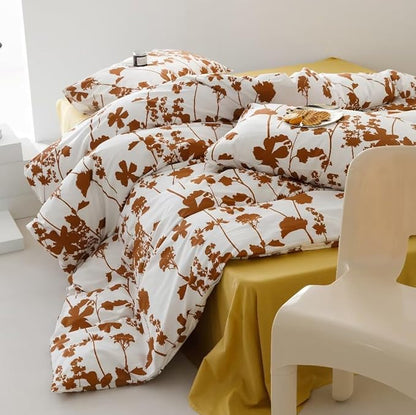 Botanical Comforter Set Cal King White Pumpkin Floral Plant Bedding Comforter Girls Garden Pattern Printed White Blanket Rustic Leaf Blossom Women White Farmhouse Comforter California King