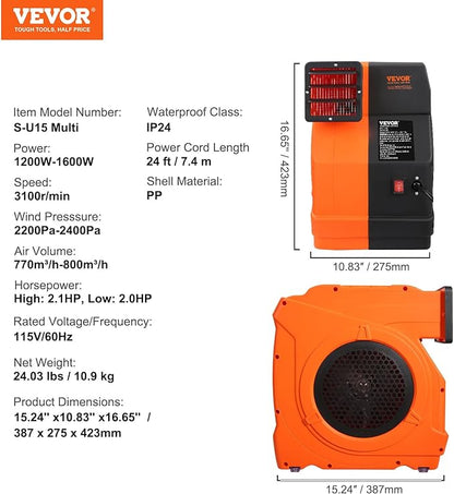 VEVOR Inflatable Blower, 1100W, 1.5 & 1.7 HP Bounce House Blower, Pump Commercial Air Blower for Inflatables, 3100 RPM Bouncy Castle Electric Fan for Bounce House, Waterslides