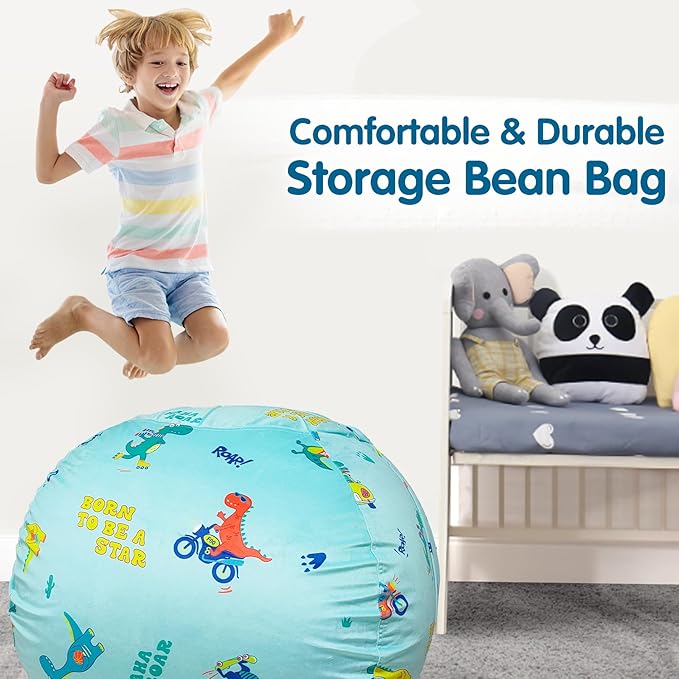 Lukeight Stuffed Animal Storage Bean Bag Chair Cover for Kids, Dinosaur Zipper Beanbag Chair Cover for Organizing Toddler & Kids' Rooms Plush Toys (Dino Blue, Large)