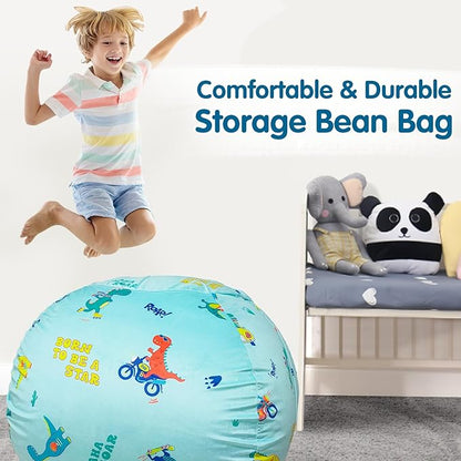 Lukeight Stuffed Animal Storage Bean Bag Chair Cover for Kids, Dinosaur Zipper Beanbag Chair Cover for Organizing Toddler & Kids' Rooms Plush Toys (Dino Blue, X-Large)
