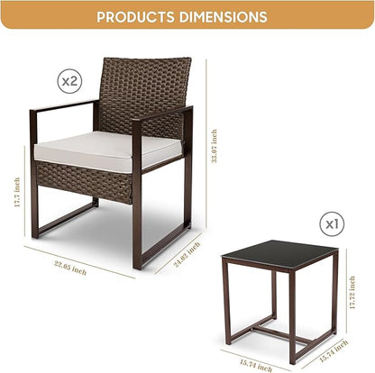 YIYAN Patio Furniture Set 3 Pieces Outdoor Rattan Chair Wicker Sofa Garden Conversation Bistro Sets with Coffee Table,Comfortable Washable Cushions (White)