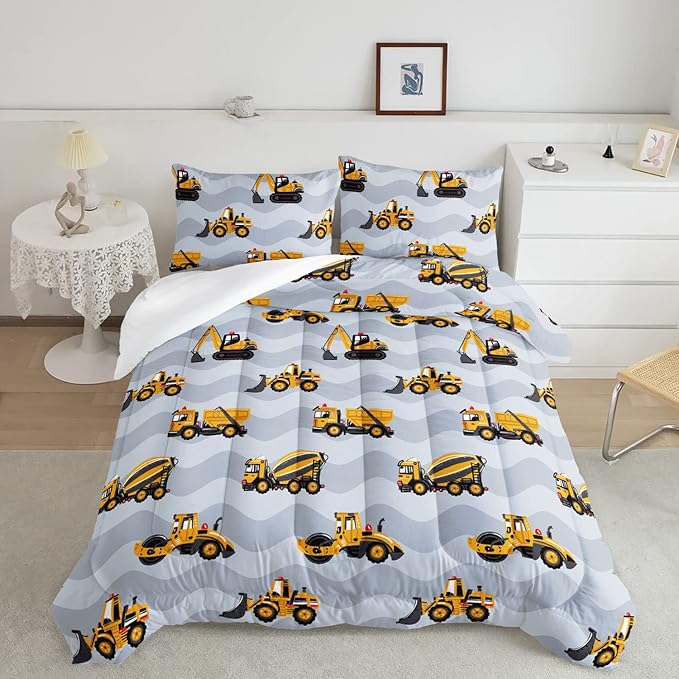 Datura home Construction Truck Comforter Set for Boys Kids Children,Grey Machinery Truck Excavators Vehicles Cartoon Tractor Bedding with 1 and 2 Pillowcases(Truck Grey Queen), Queen 90x90inches