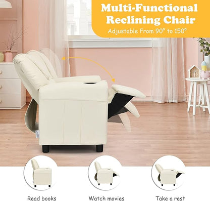 ARLIME Kids Recliner chair, toddler Armchair Upholstered Couch with Cup Holder, Backrest, baby Leather sofa with Headrest and Footrest, Child Furniture for Ages 2-7 (Beige)