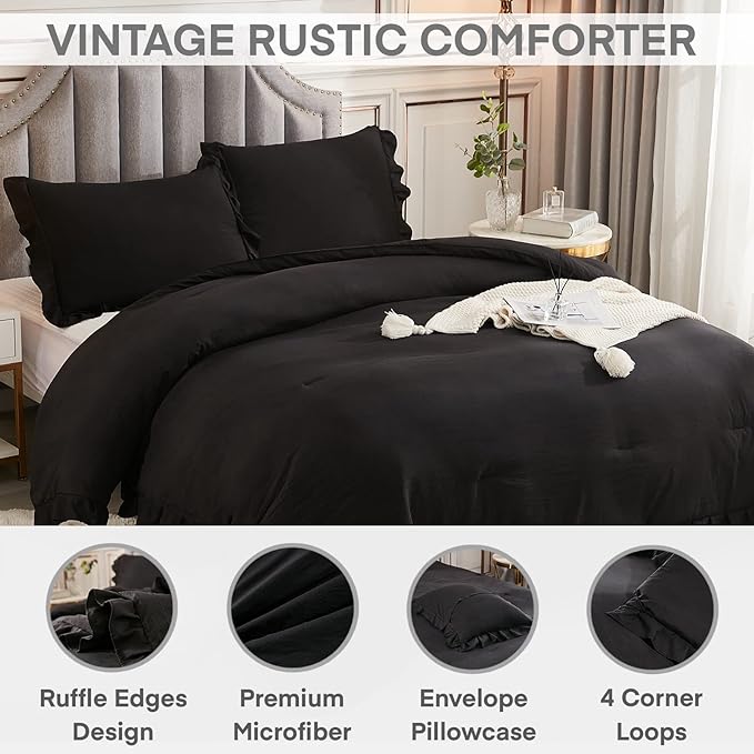 Andency Black Queen Comforter Set, 3 Pieces Farmhouse Shabby Chic Bedding Comforter & Sets for Queen Bed, Soft Lightweight Fluffy All Season Down Alternative Bed Set for Men Women